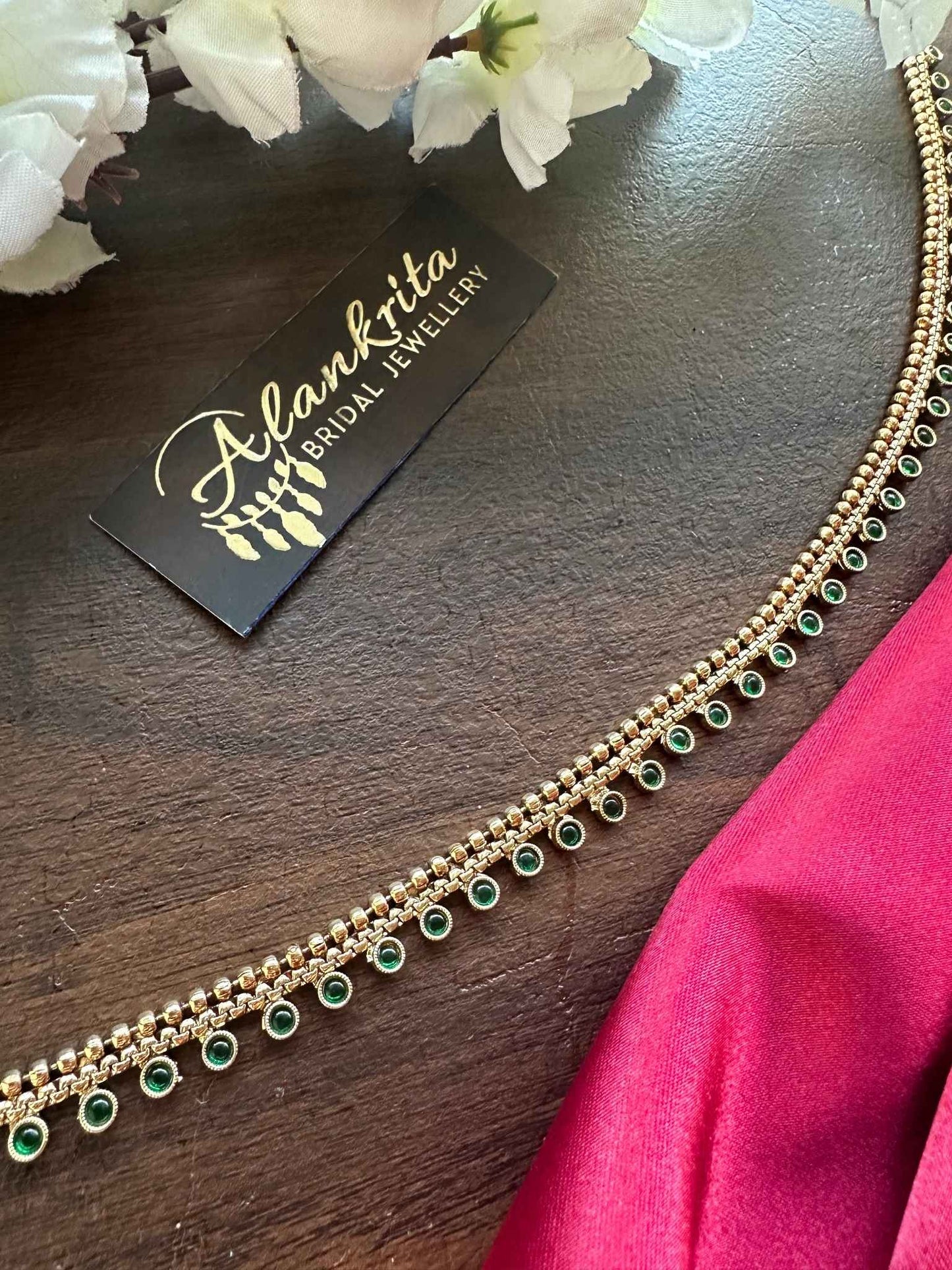 Simple Gold Look Alike Thin Hip Chain with Green Stones