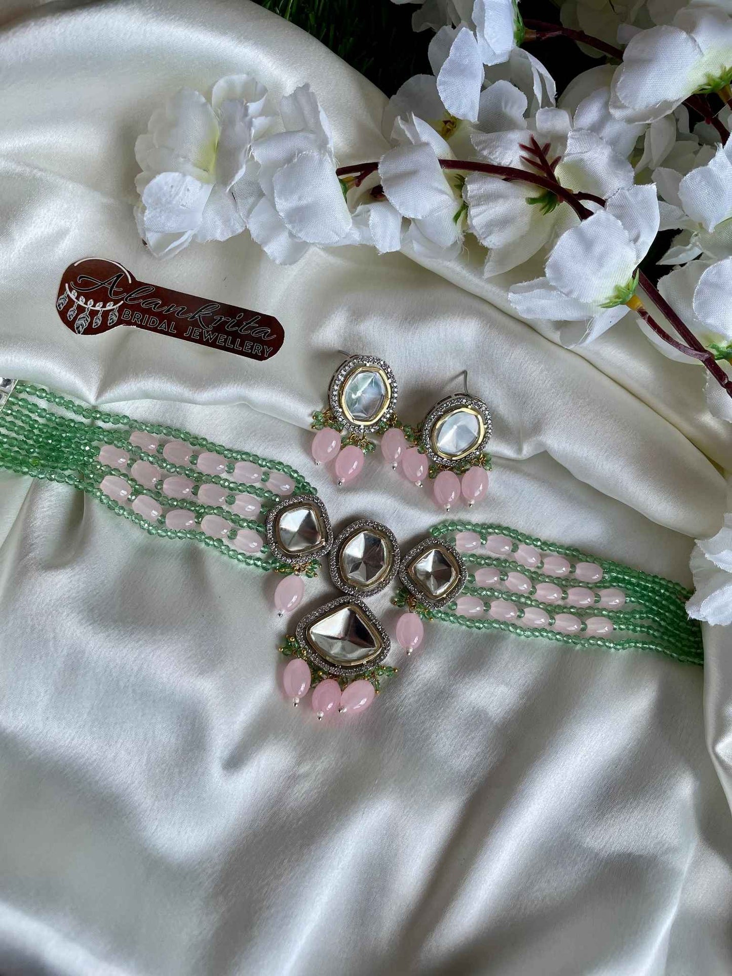 Pink & Green Beaded Kundan Choker