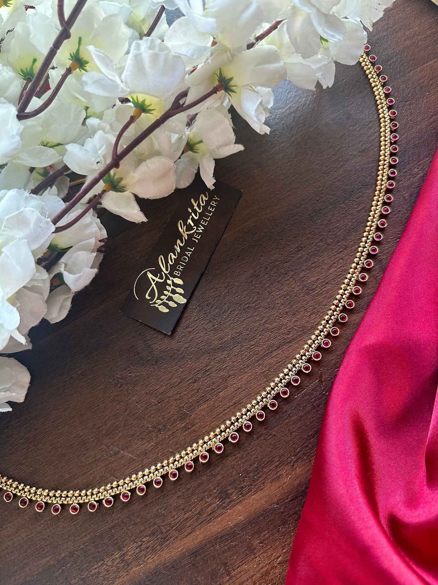 Simple Gold Look Alike Thin Hip Chain with Ruby Stones
