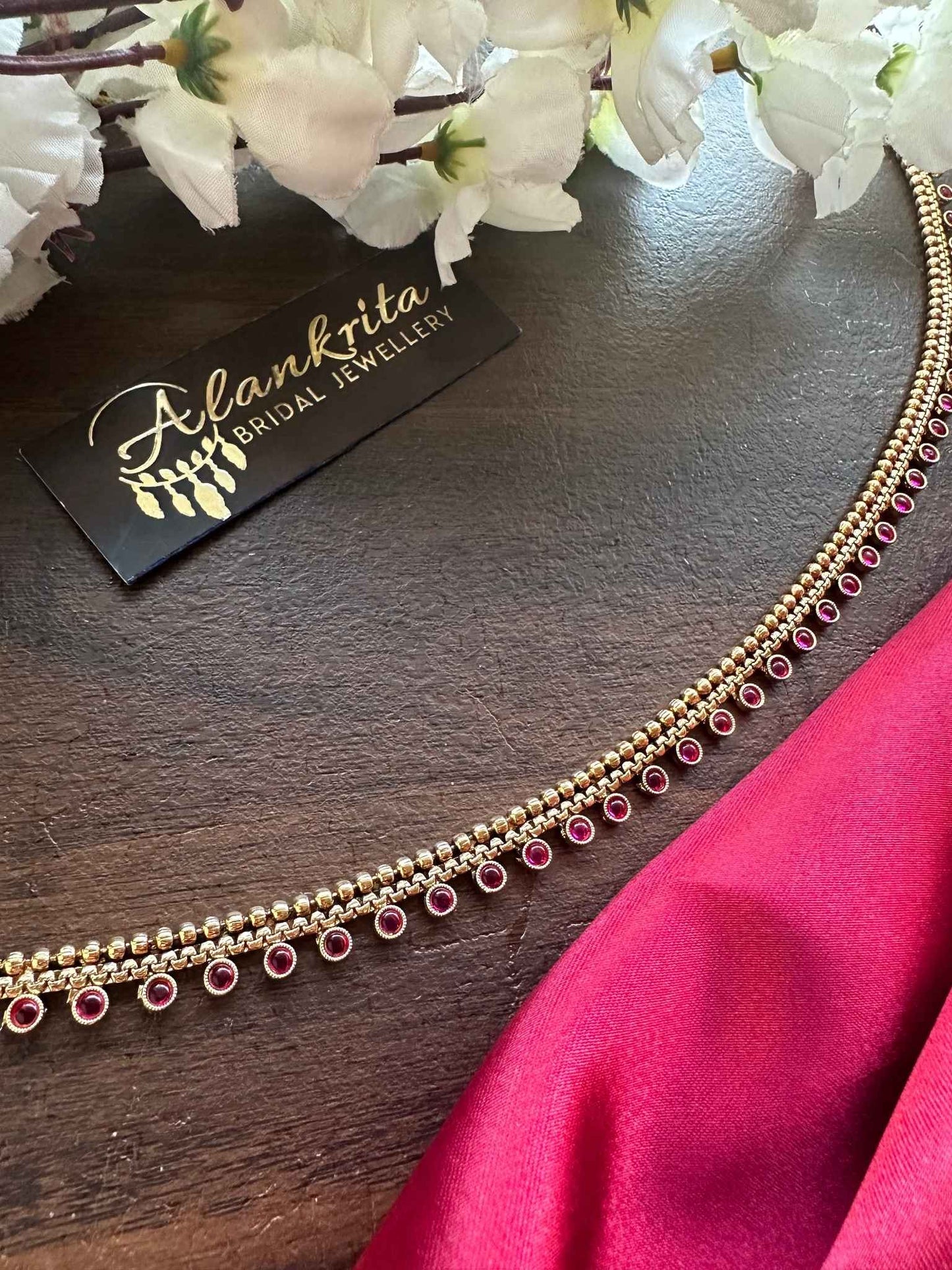 Simple Gold Look Alike Thin Hip Chain with Ruby Stones