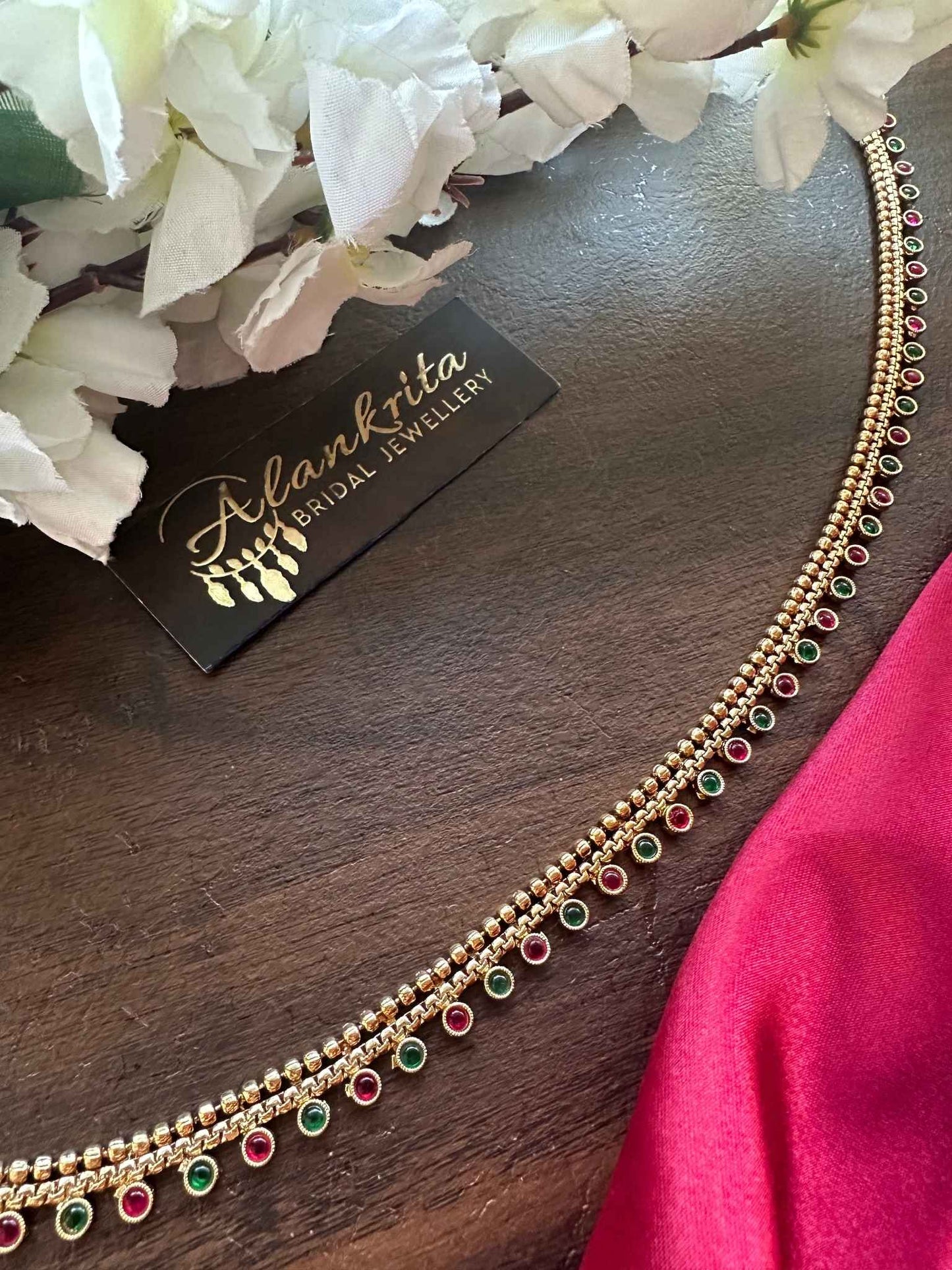 Simple Gold Look Alike Thin Hip Chain with Green & Ruby Stones