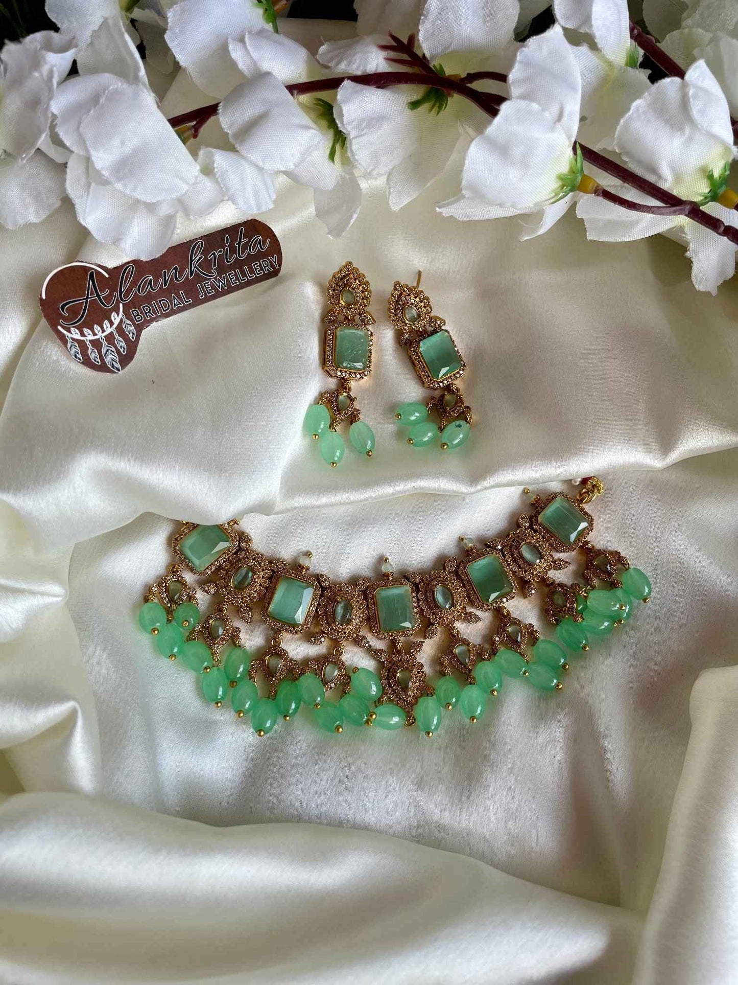 Premium Choker with Green AD Stones & Beads