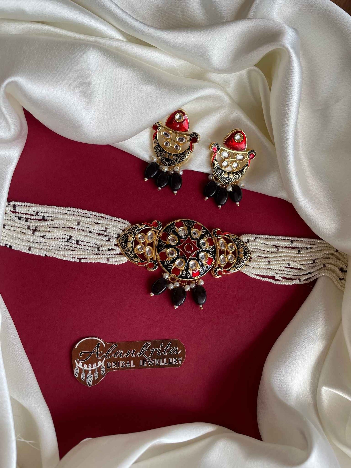 Pearl Beaded Kundan Choker with Black Beads