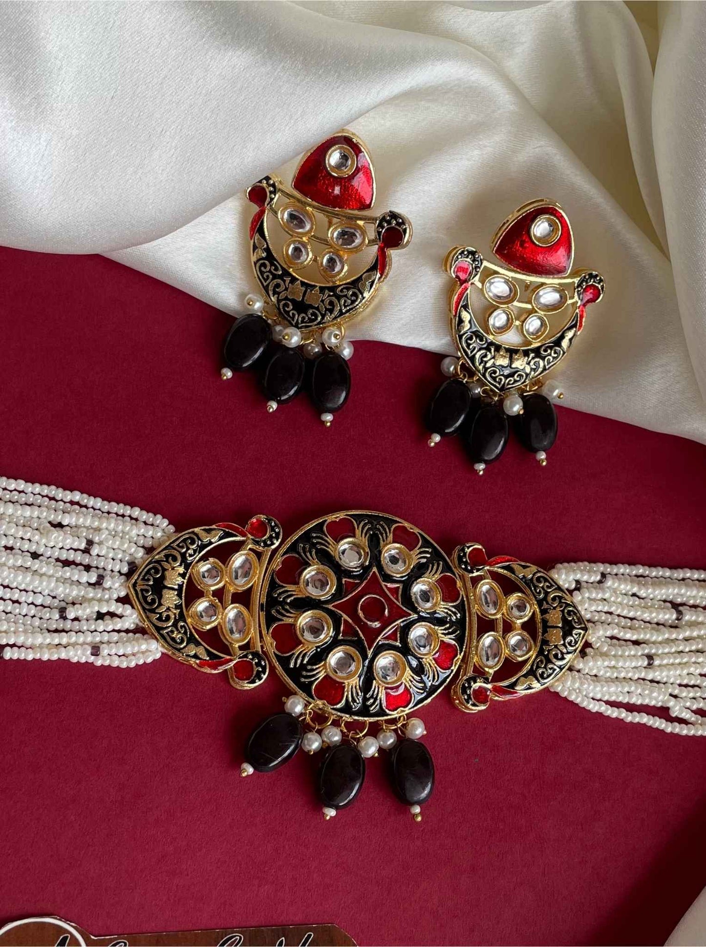 Pearl Beaded Kundan Choker with Black Beads