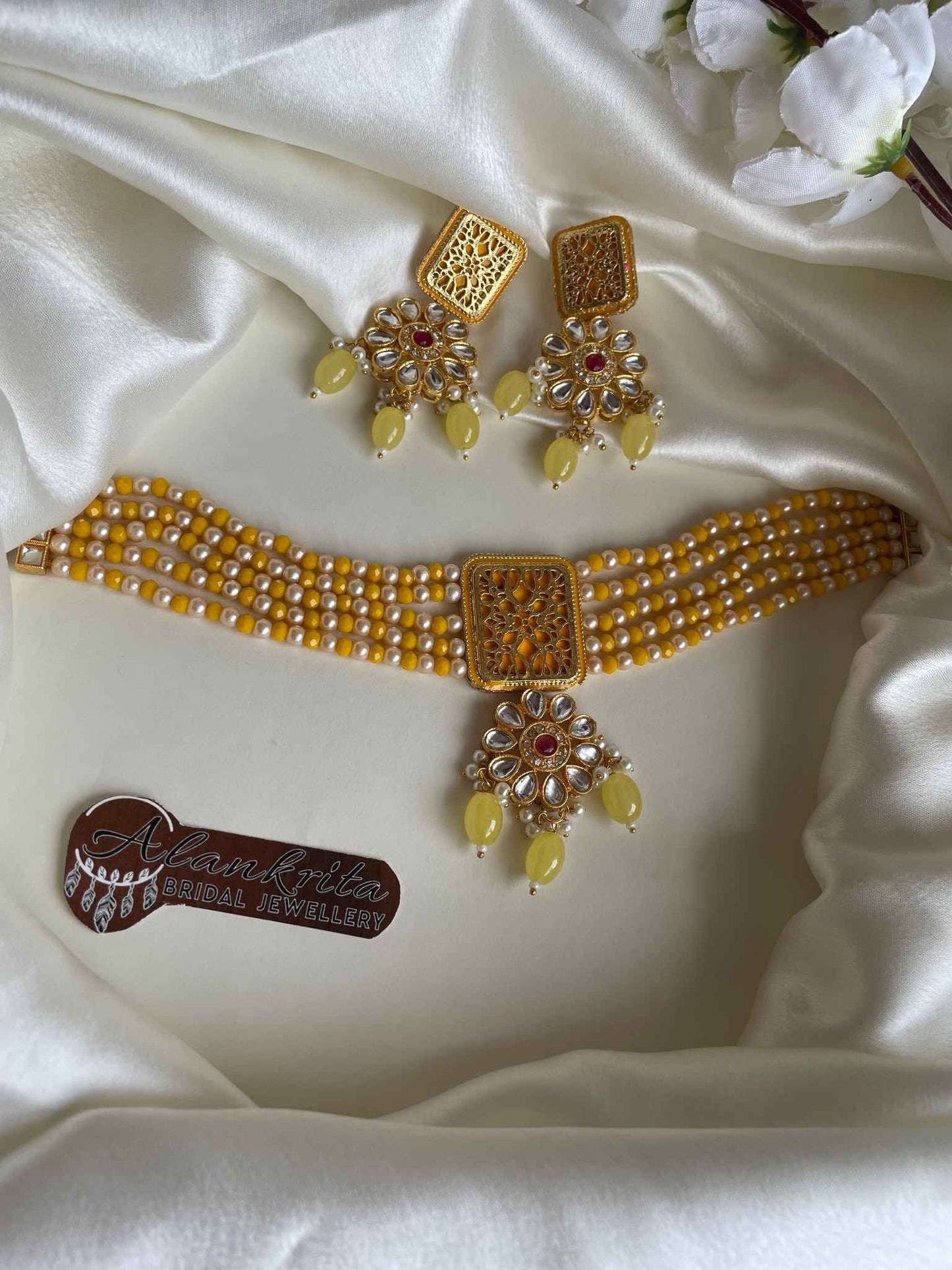 Multi Layered Kundan Choker with Yellow Beads