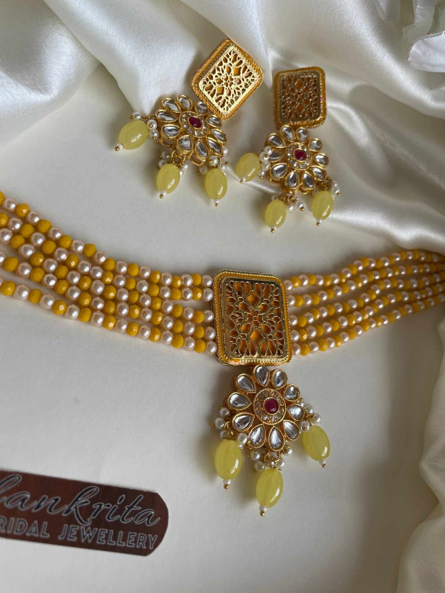 Multi Layered Kundan Choker with Yellow Beads