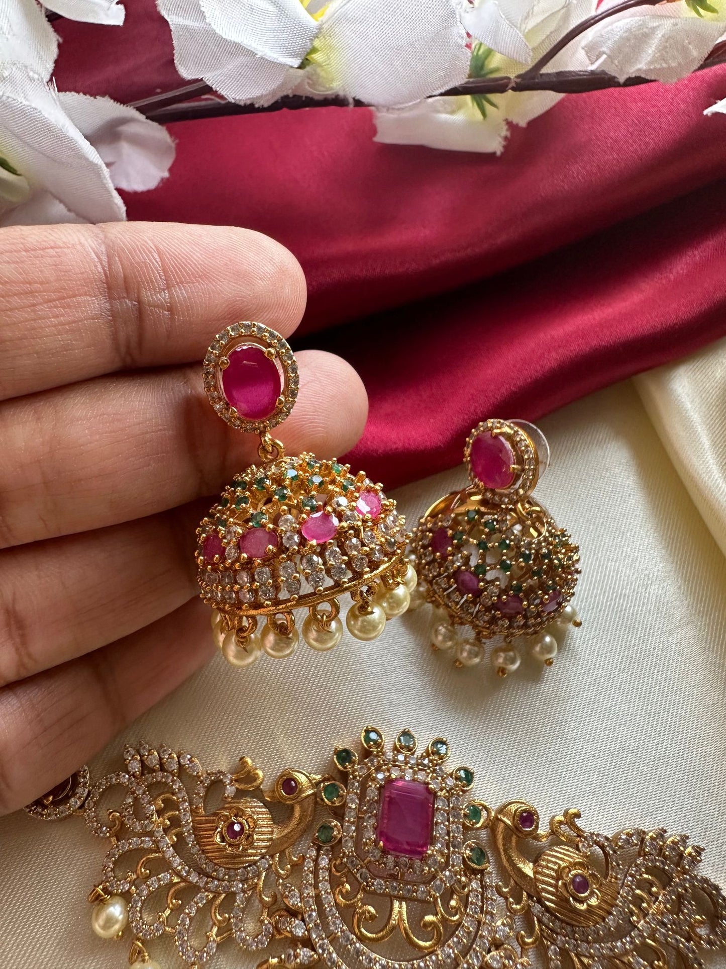 Ruby Peacock Choker with Jhumka