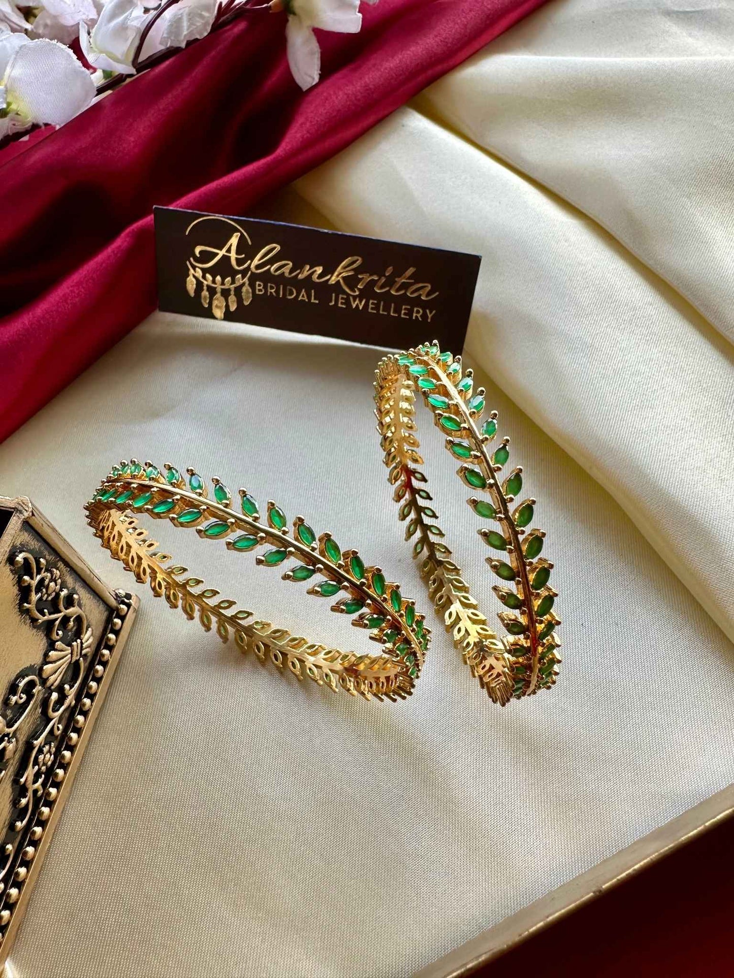 Leaf Pattern Bangles with Green AD Stones