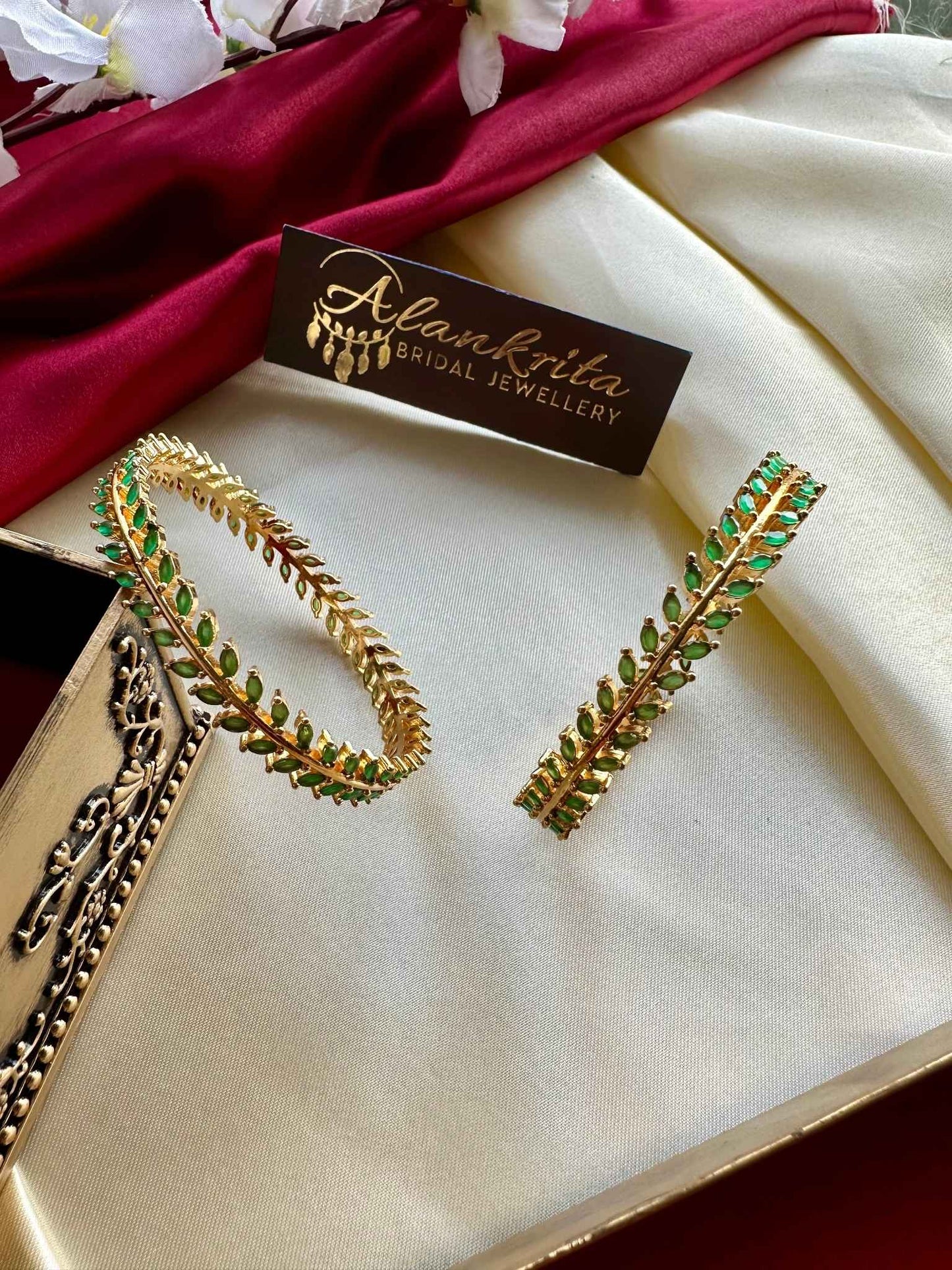 Leaf Pattern Bangles with Green AD Stones