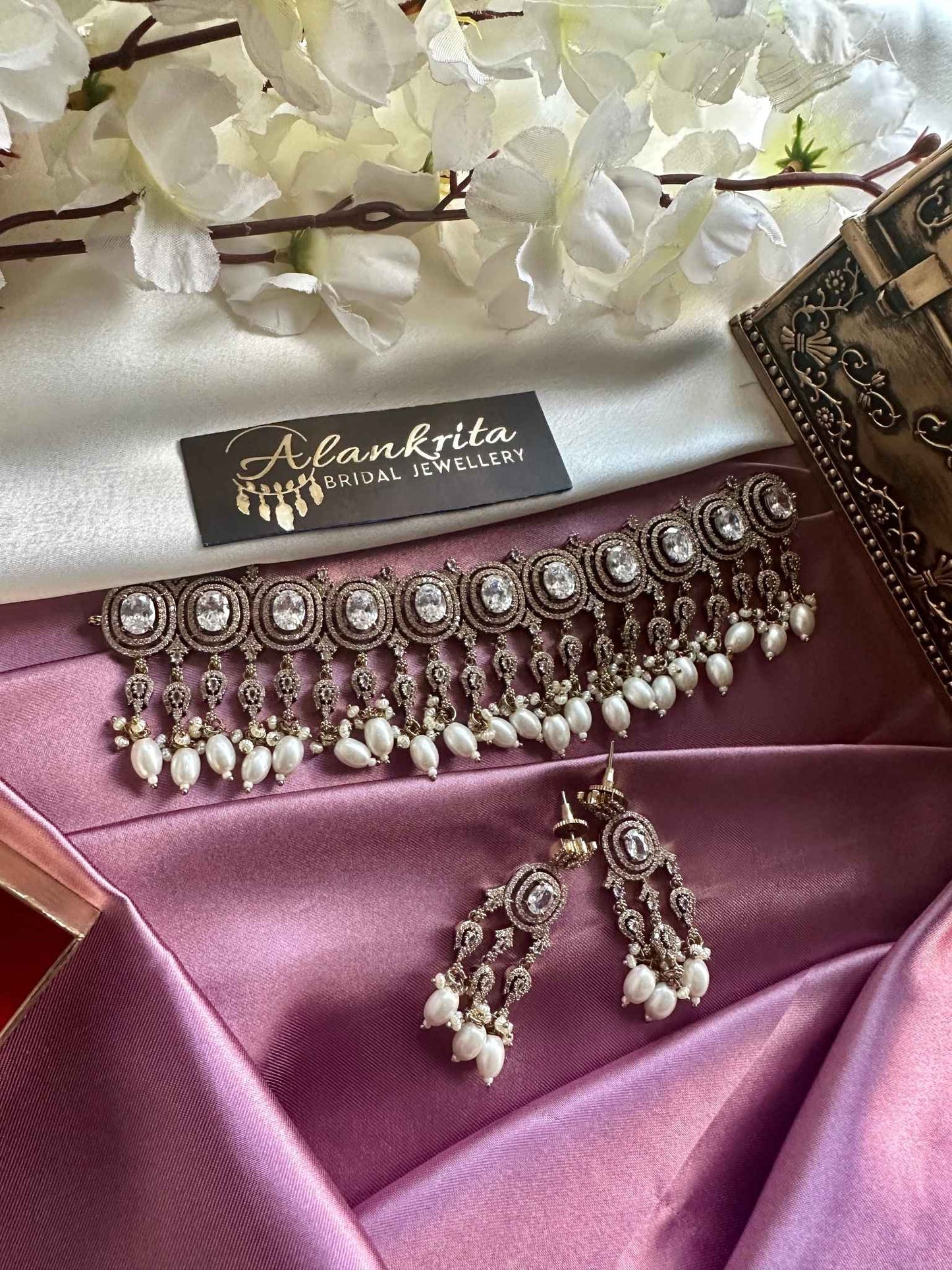 Premium Victorian Necklace with White AD Stones & Pearl Beads