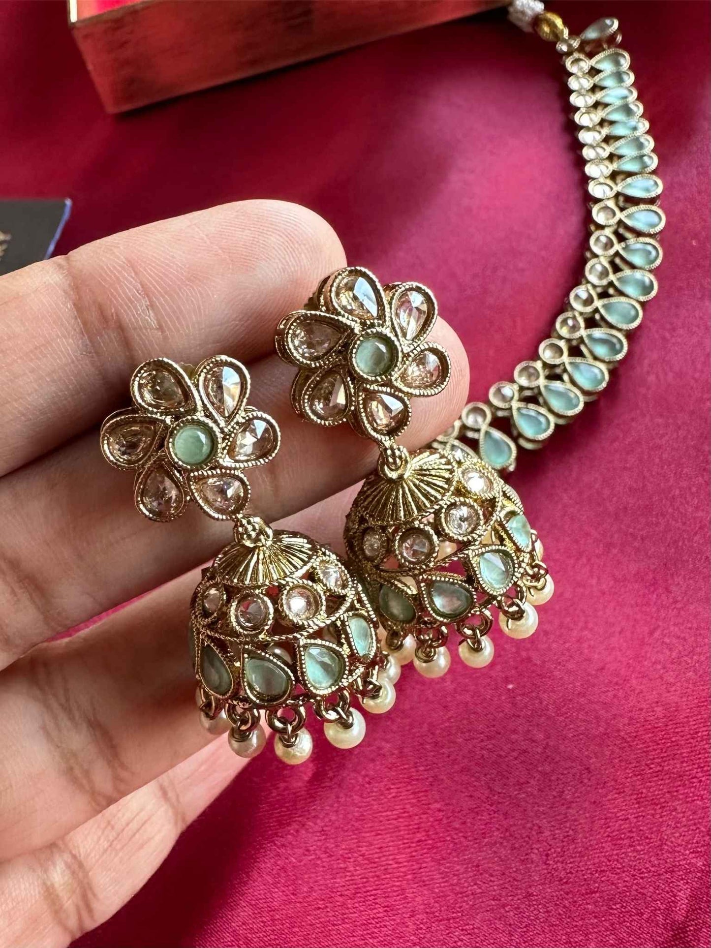 Premium Sea Green Kundan Choker with Jhumka