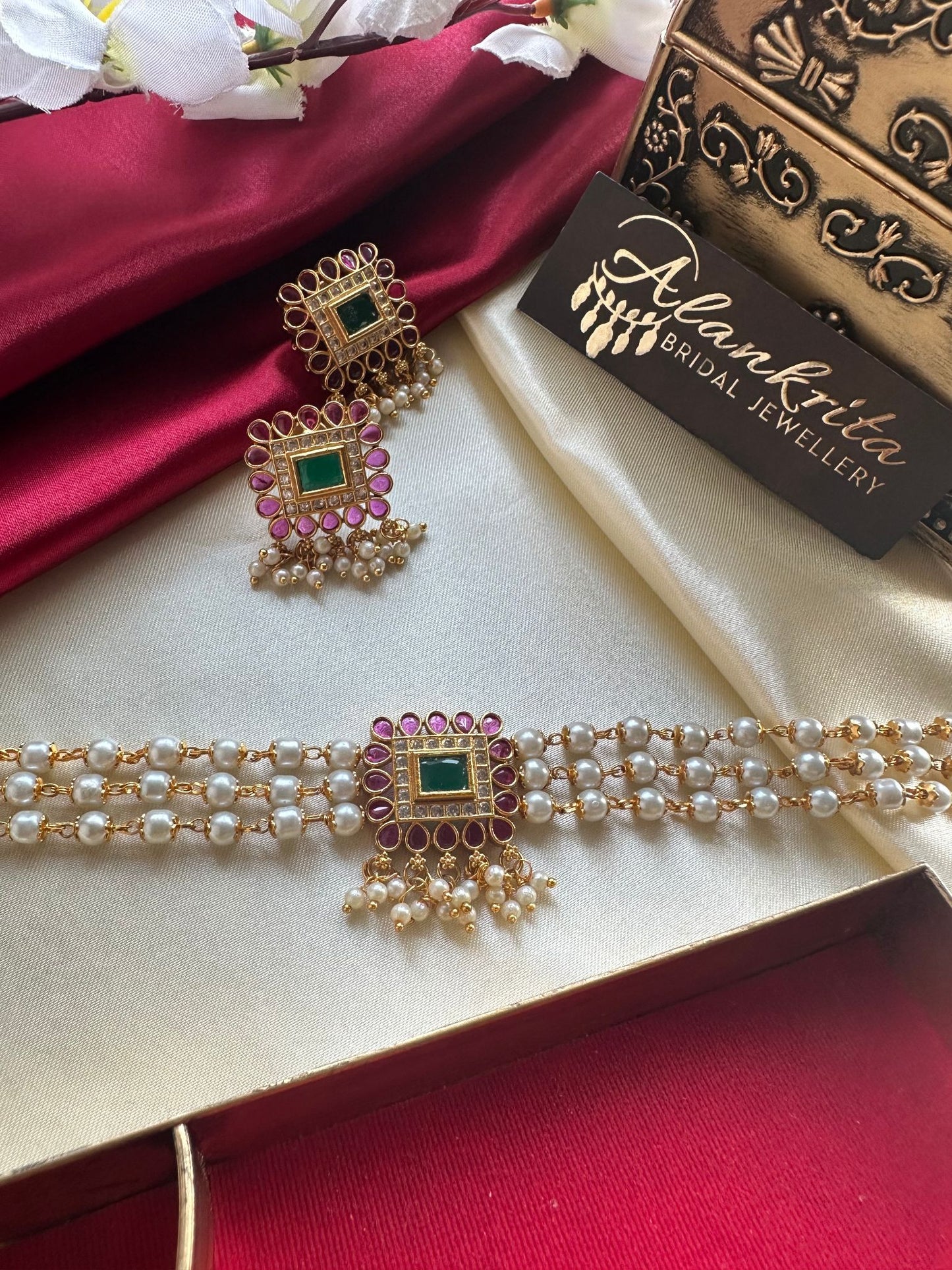 Three Layered Pearl Choker with Kemp Stones