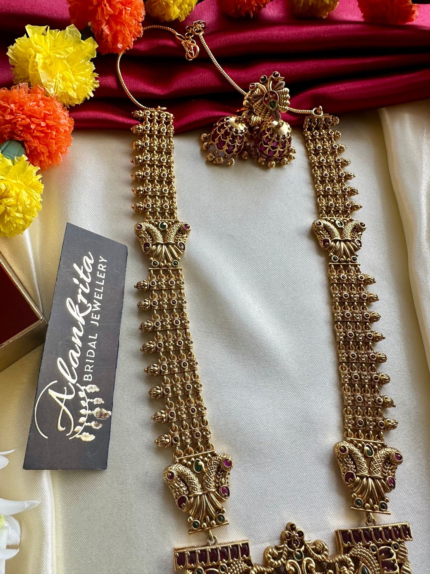 Premium Antique Long Peacock Haram with Kemp Stones & Jhumka