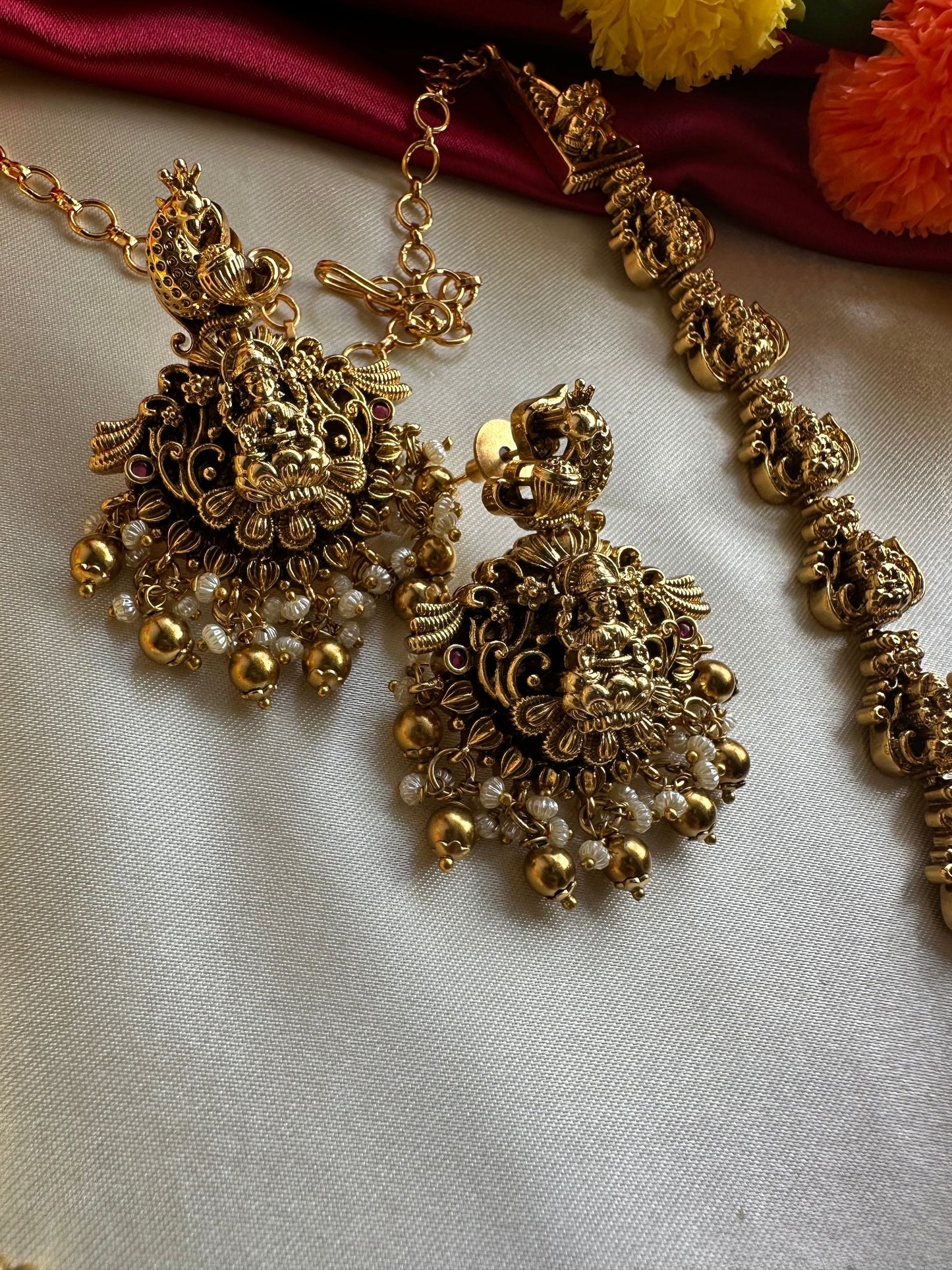 Premium Antique Long Temple Haram with Golden Beads