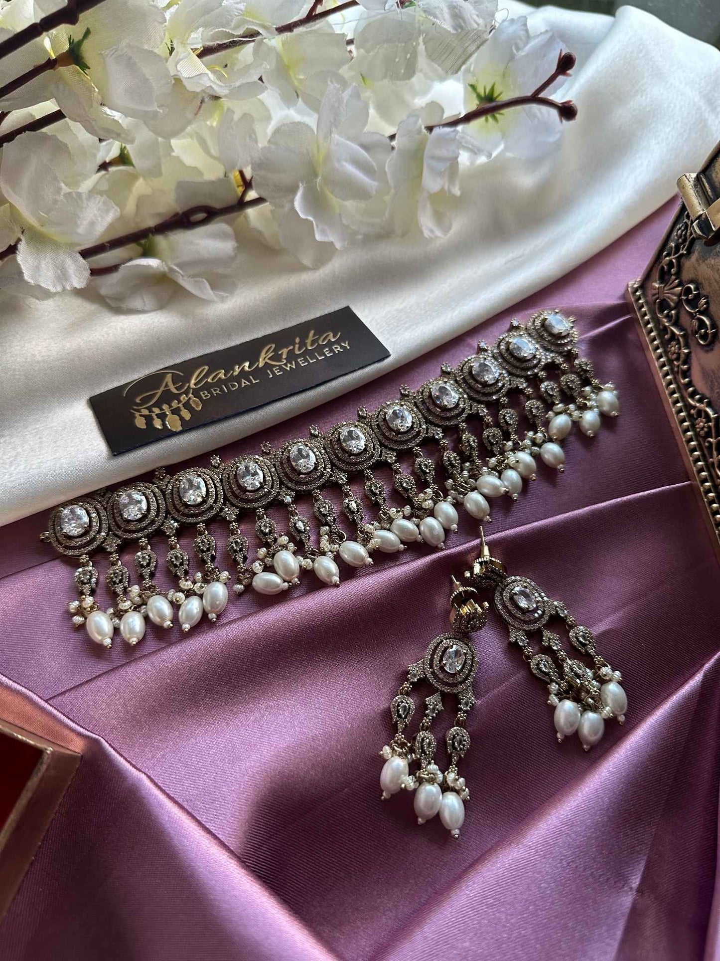 Premium Victorian Necklace with White AD Stones & Pearl Beads