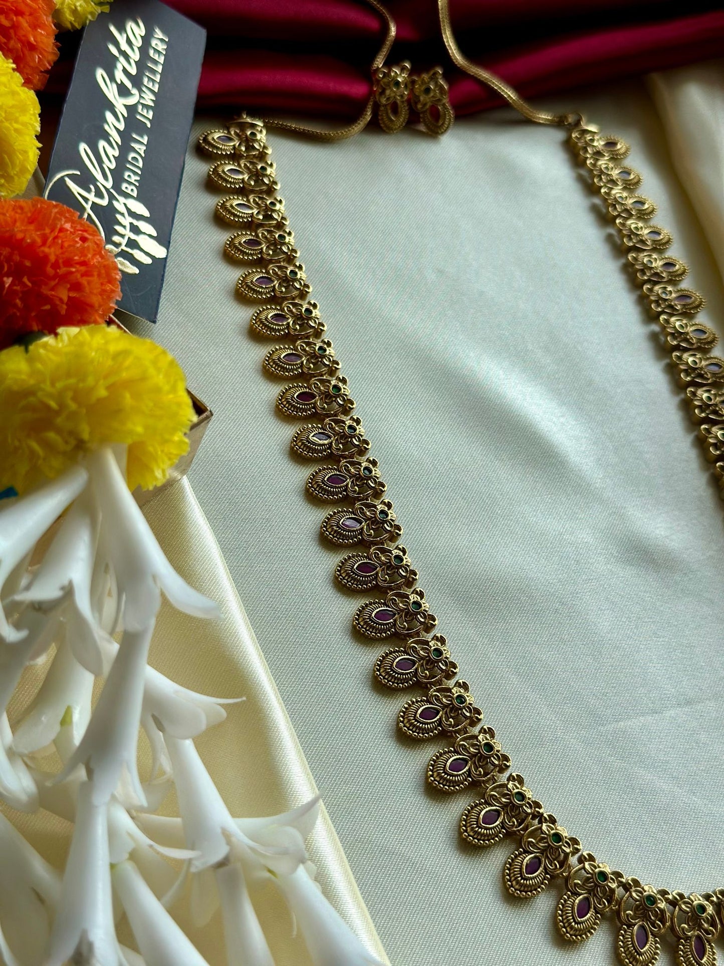 Simple Long Floral Haram with Ruby Stones