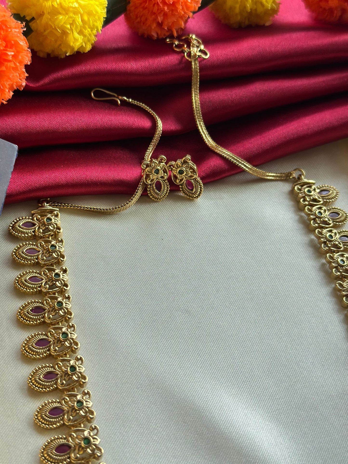 Simple Long Floral Haram with Ruby Stones