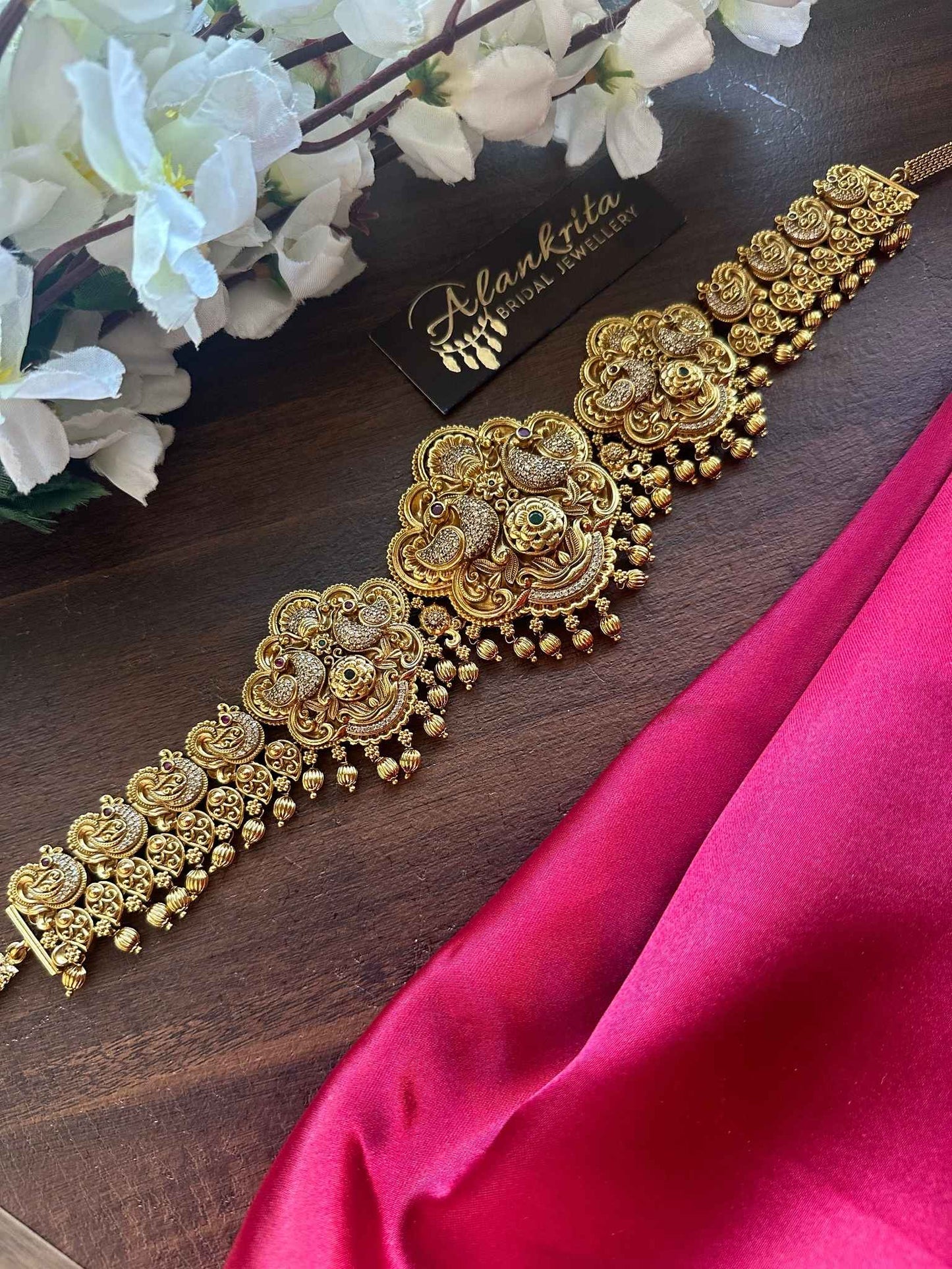 Premium Antique Peacock Hip Chain with Golden Beads