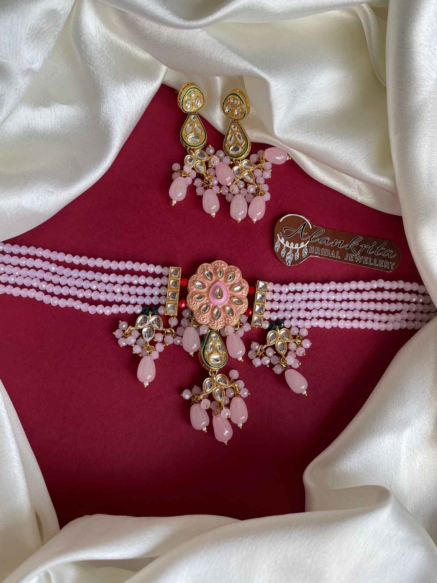 Crystal beaded Kundan Choker with Pink Beads