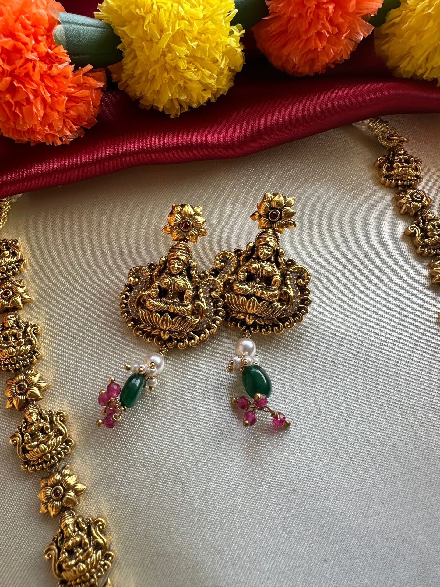 Premium Antique Long Lakshmi Haram with Green Beads