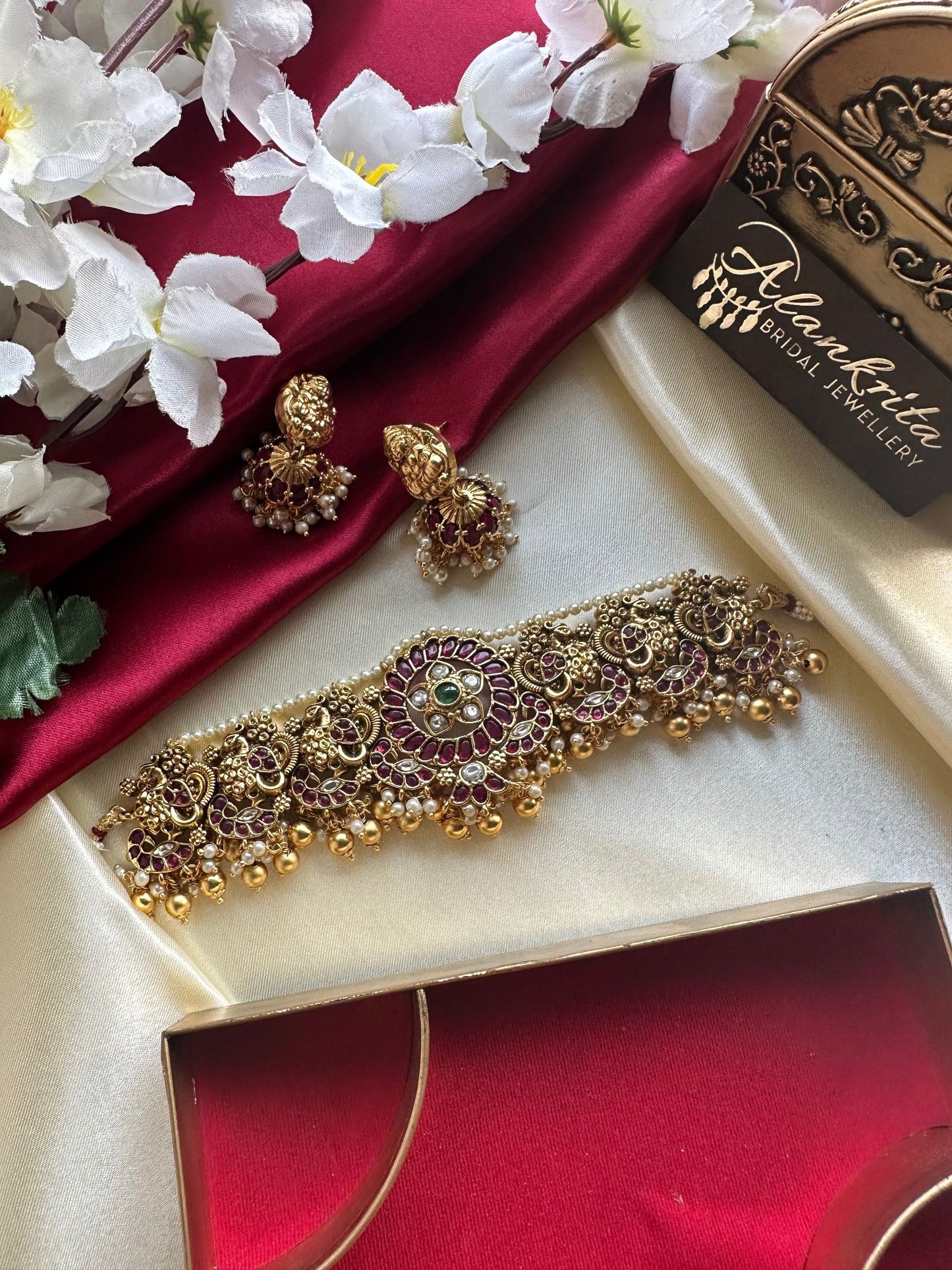 Premium Antique Peacock Kemp Choker with Jhumka