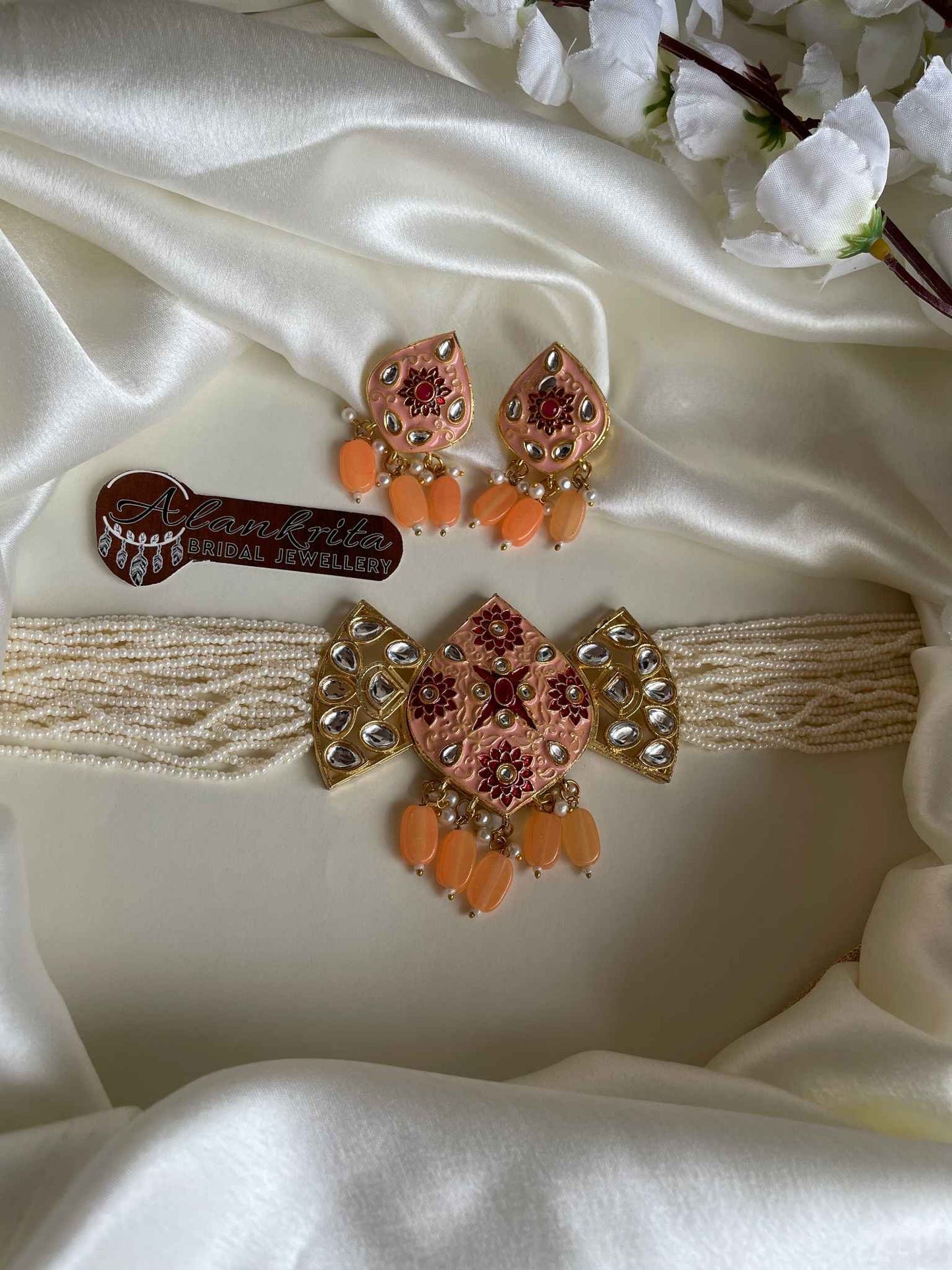 Pearl Beaded Kundan Choker with Orange Beads