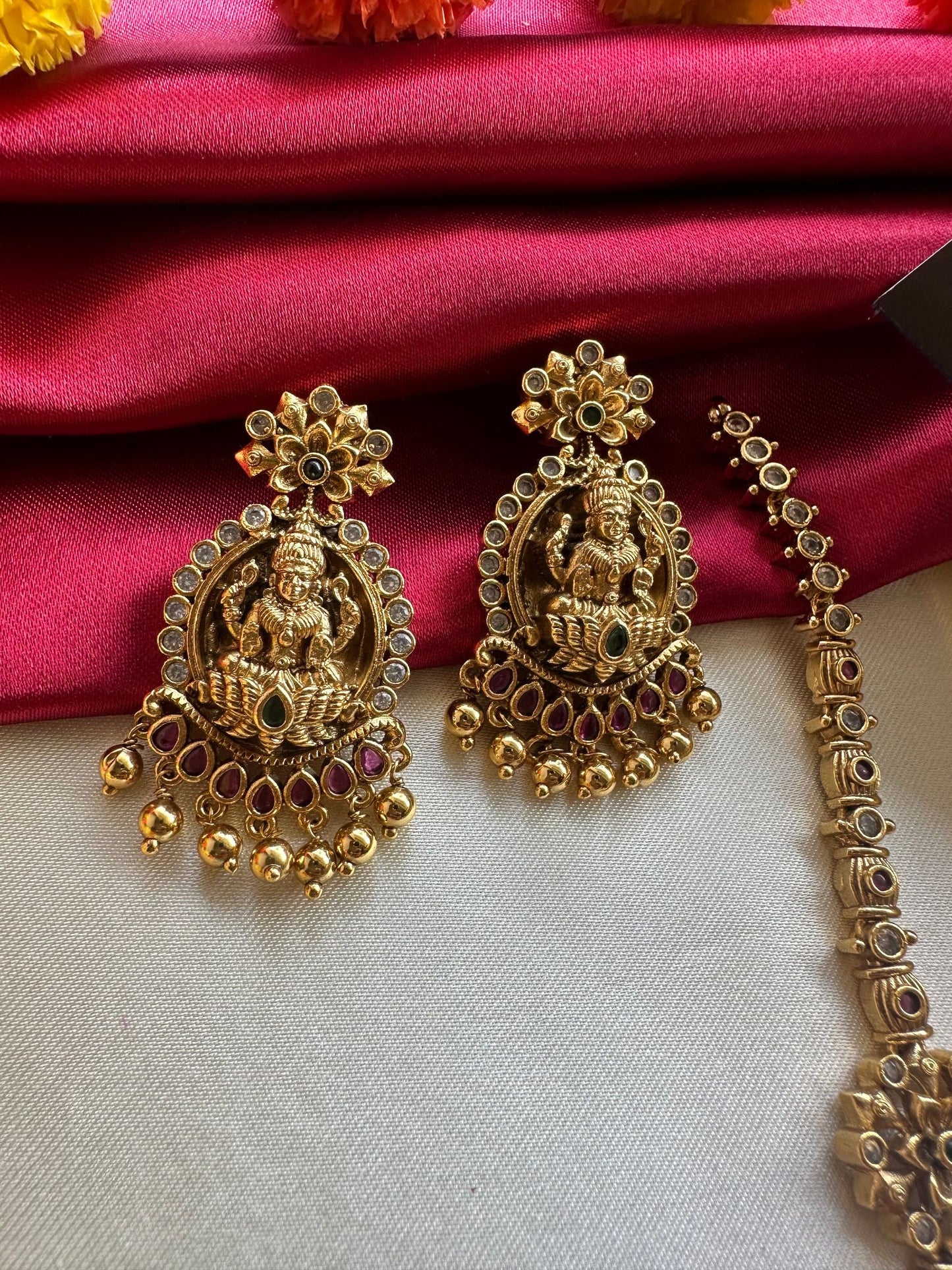 Premium Antique Long Lakshmi Haram with Kemp Stones