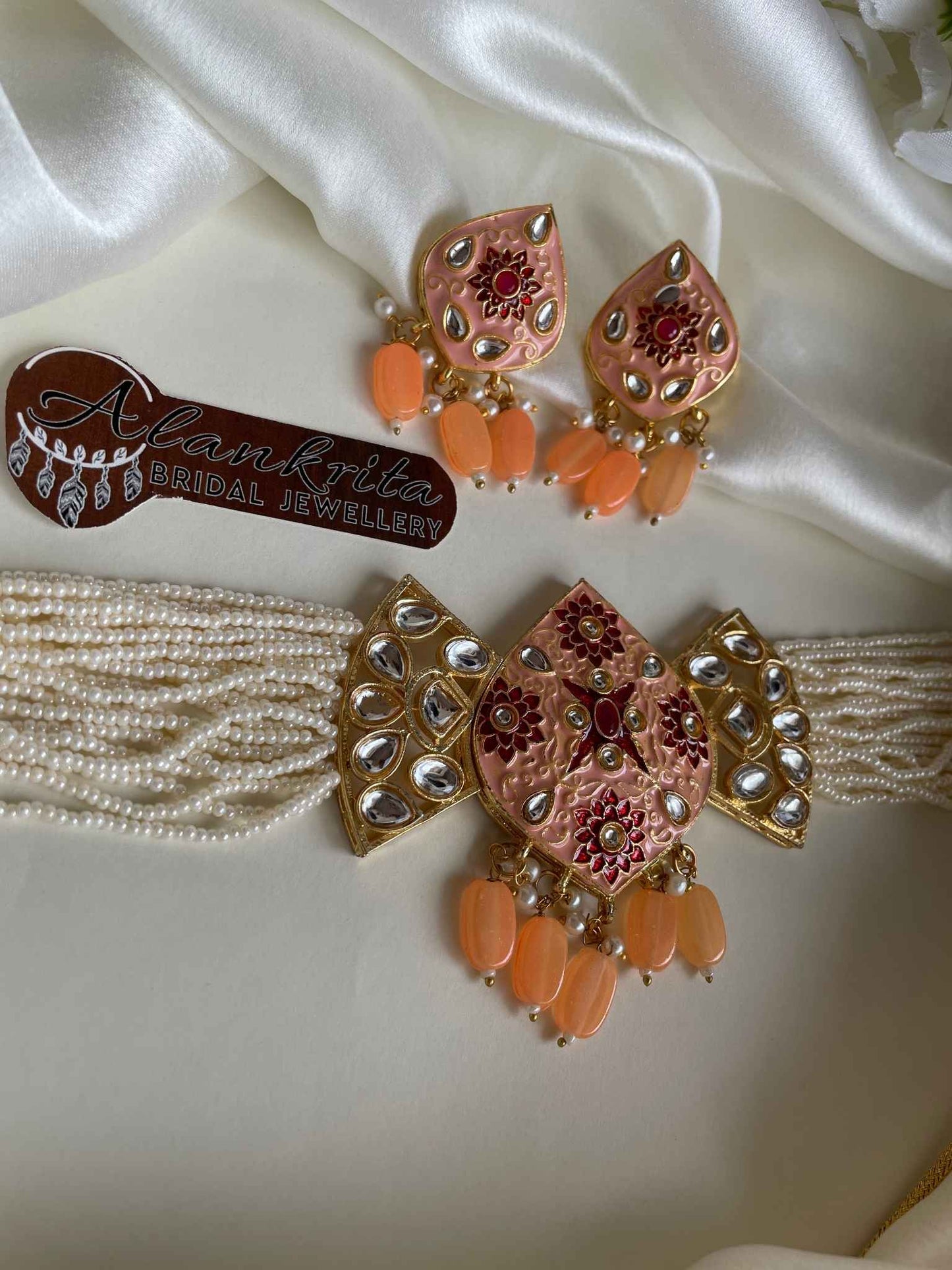Pearl Beaded Kundan Choker with Orange Beads