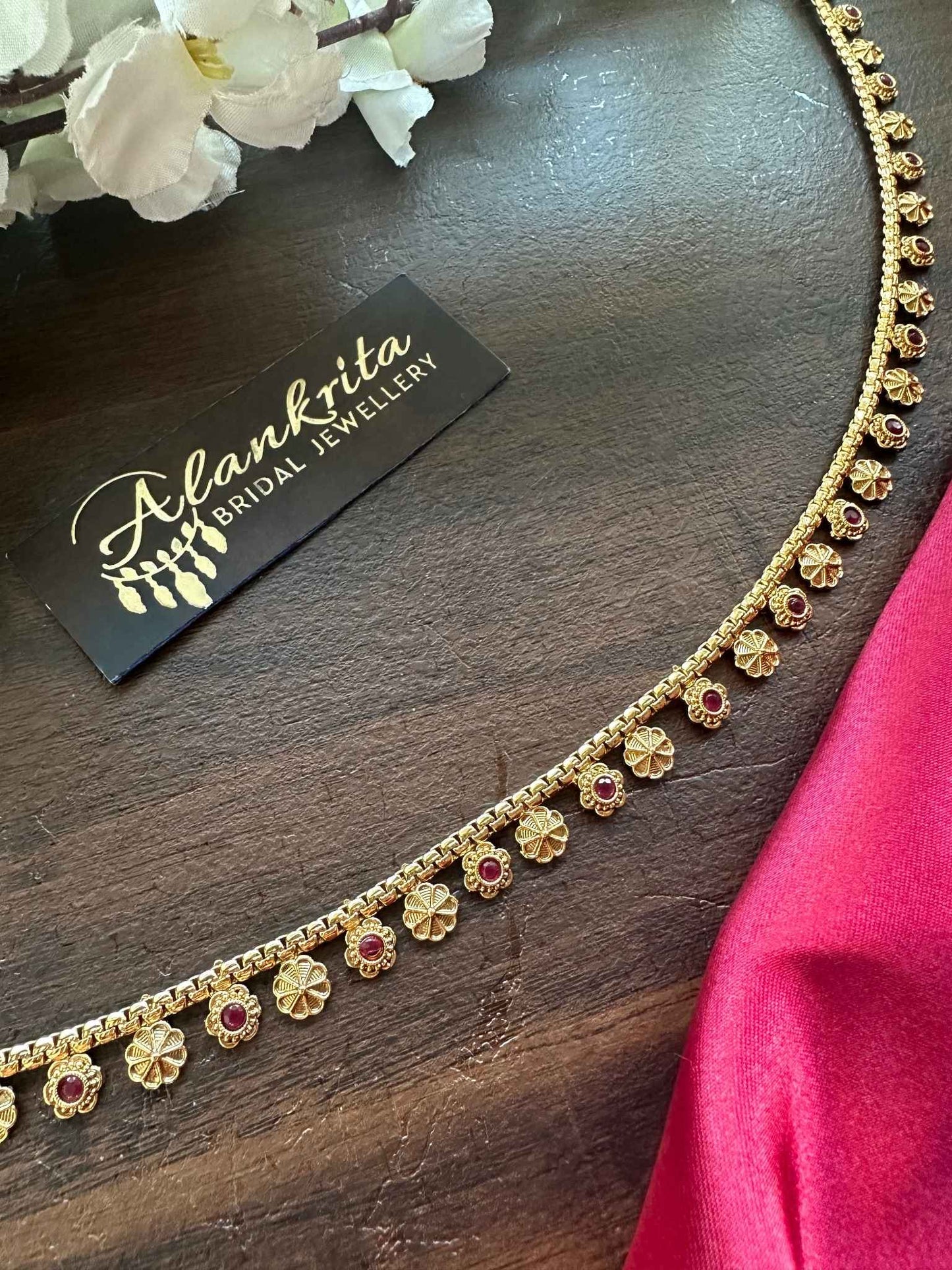 Simple Gold Look Alike Thin Hip Chain with Ruby Stones