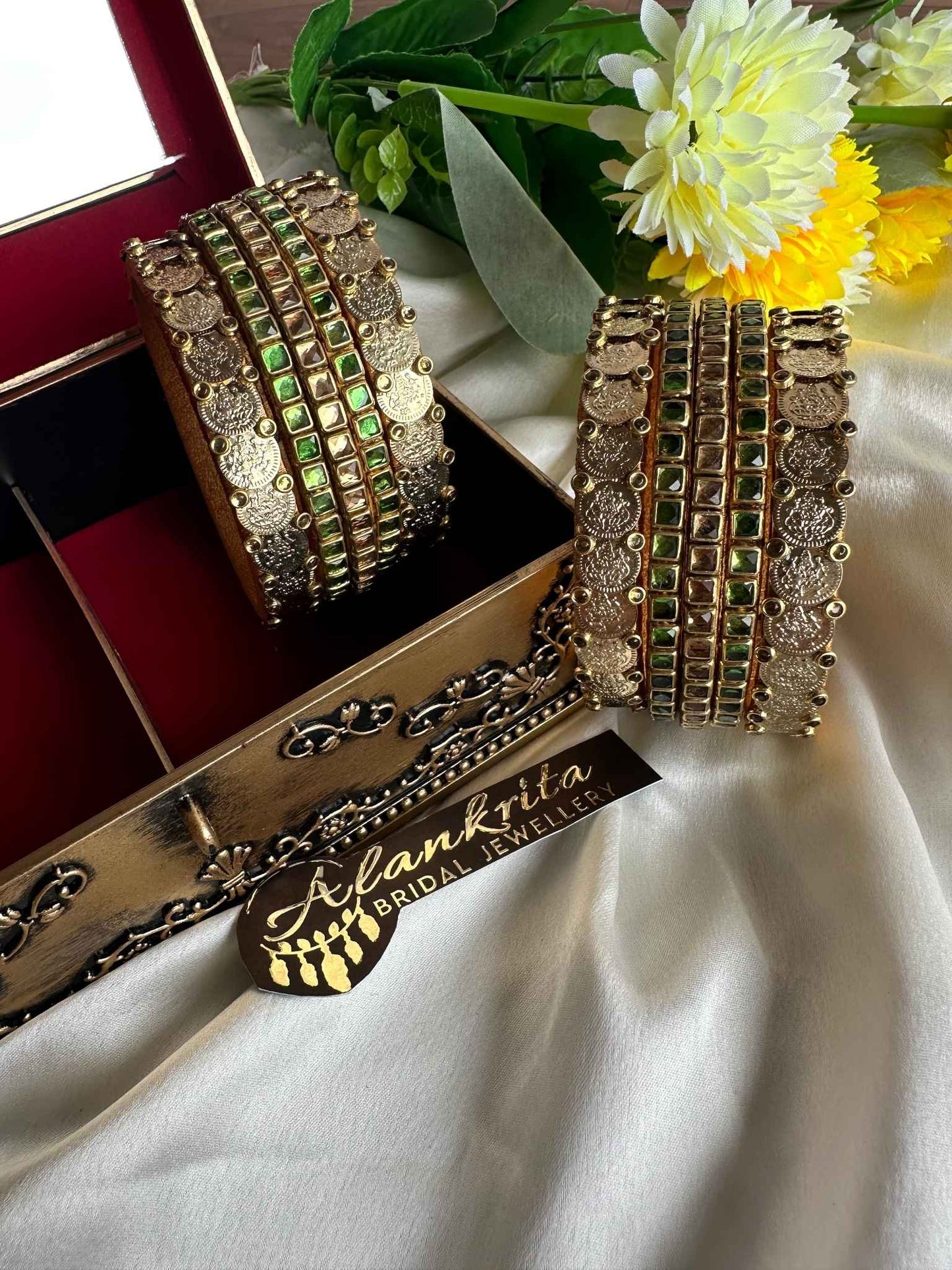 Green Kundan & Gold Coin Bangles Combo