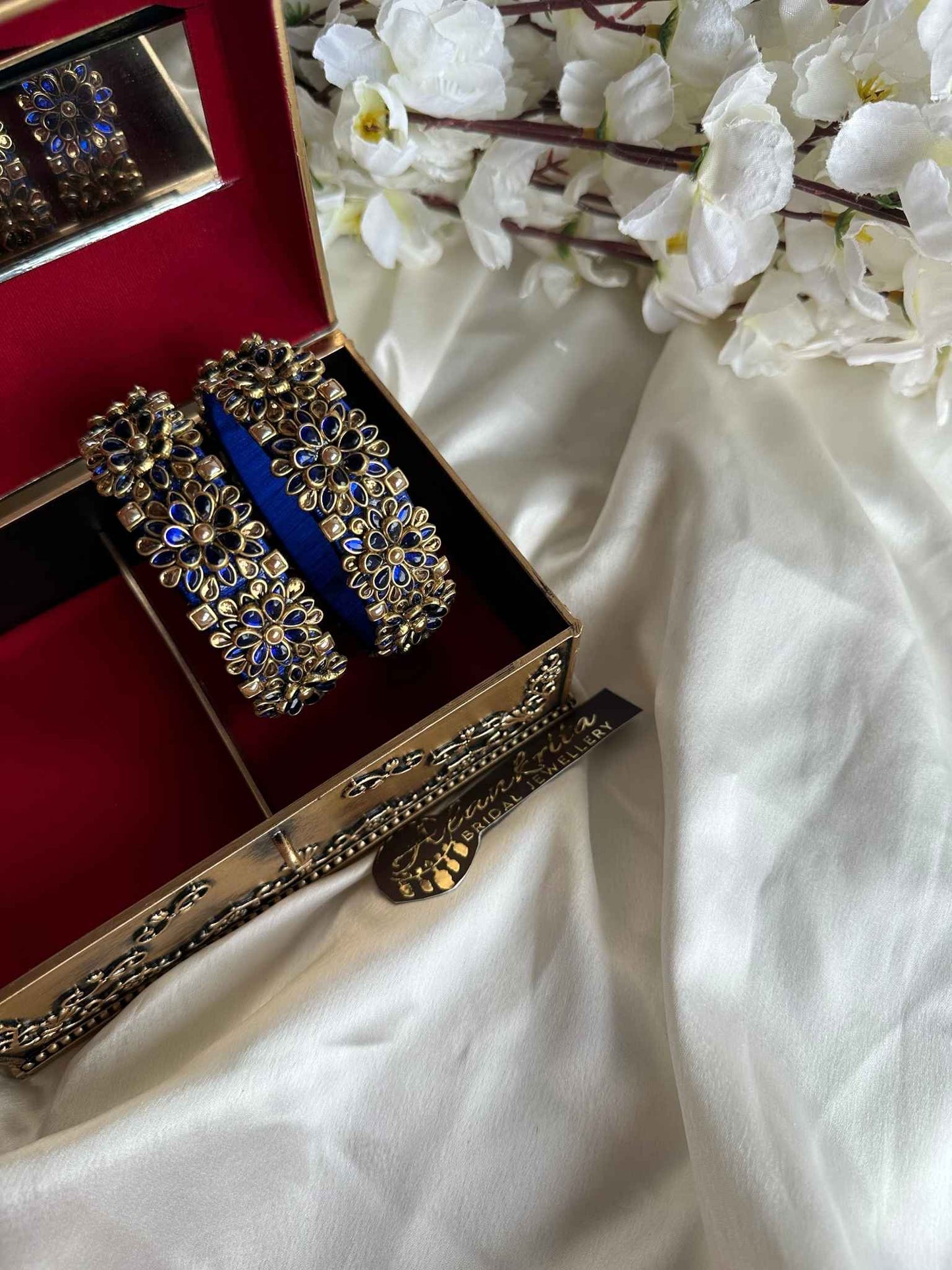 3D Blue Floral Kundan Bangles