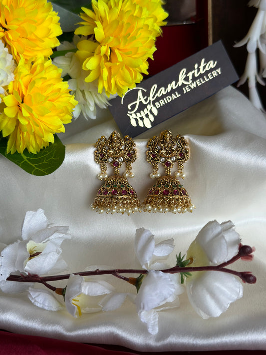 Premium Antique Lakshmi Jhumka with Kemp Stones & Pearl Beads
