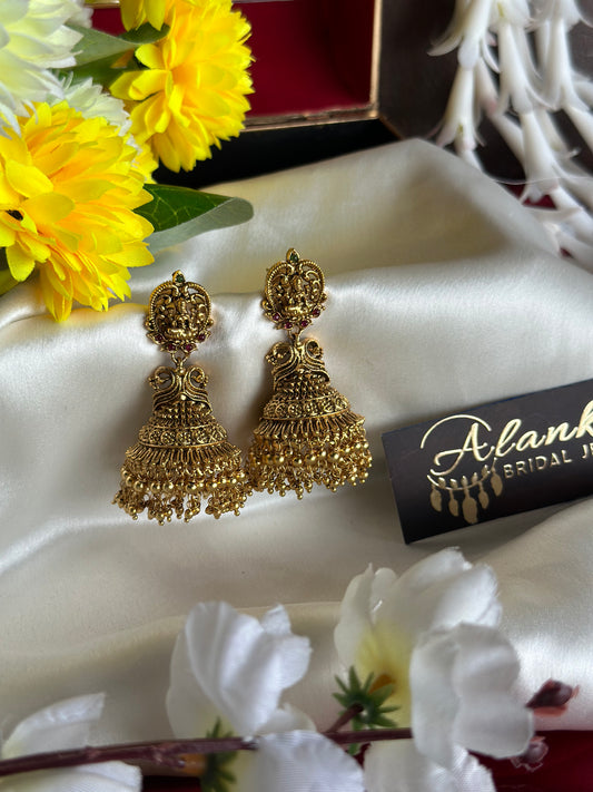 Premium Antique Temple Jhumka with Golden Beads
