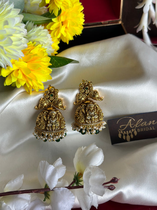 Premium Antique Temple Jhumka with Green Beads