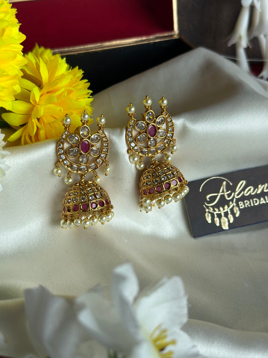 Premium Jhumka with White Stones & Pearl Beads