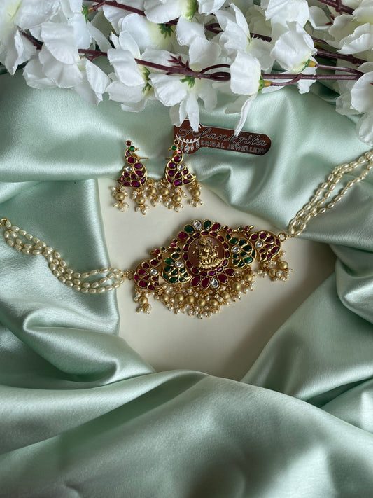 Premium Lakshmi Kemp Choker with Beaded Rice Pearl Chain