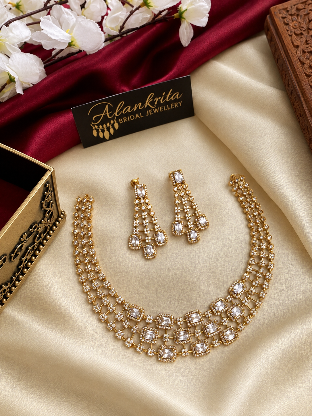 Premium Gold Finish AD Necklace with White Stones