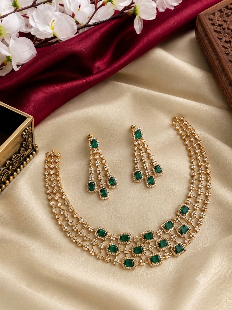 Premium Gold Finish AD Necklace with Green Stones