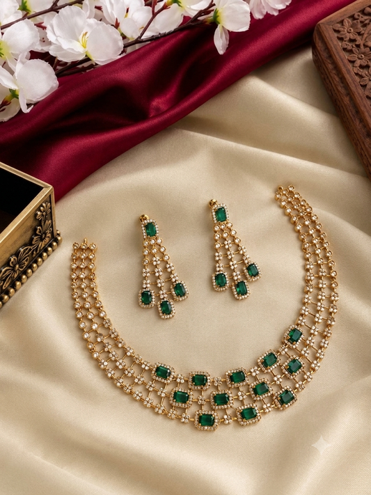 Premium Gold Finish AD Necklace with Green Stones