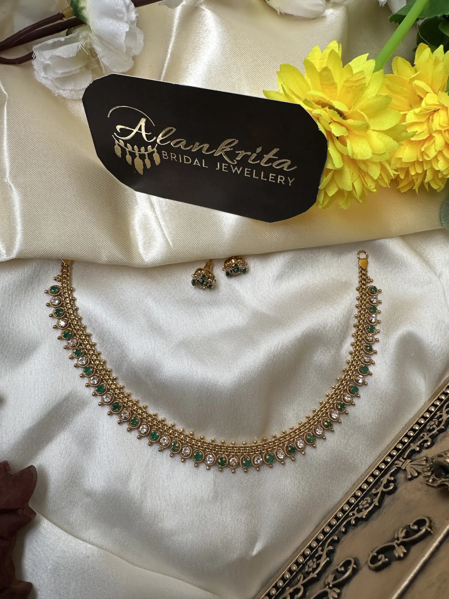 Simple Short Necklace with White & Green AD Stones