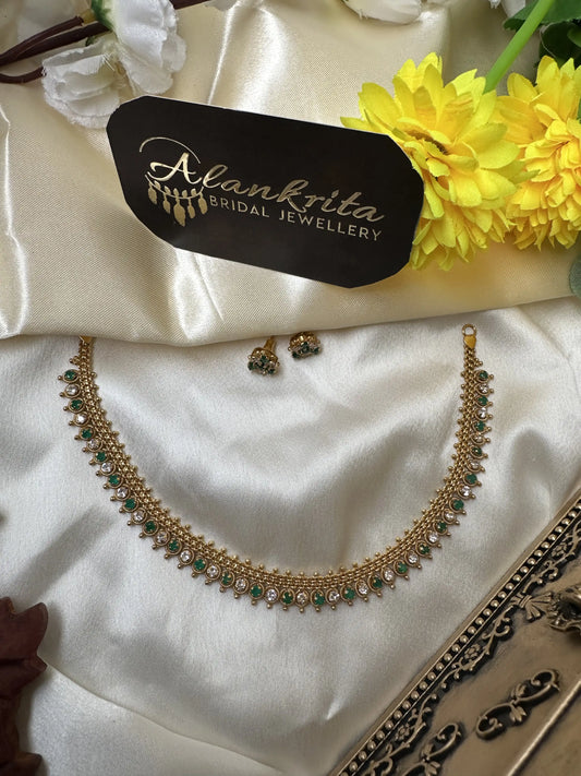 Simple Short Necklace with White & Green AD Stones