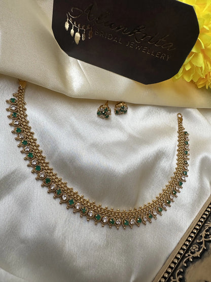 Simple Short Necklace with White & Green AD Stones