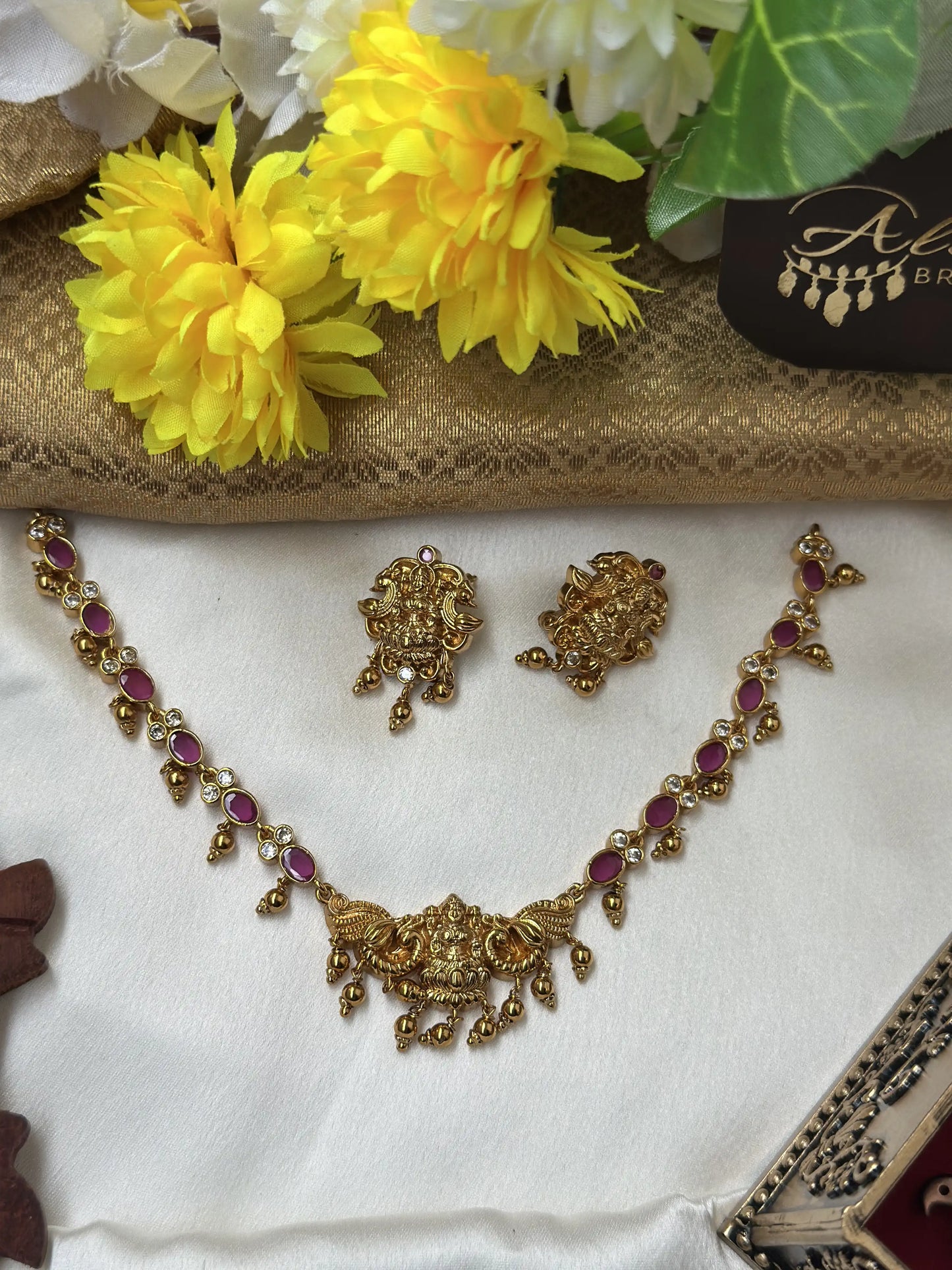 Short Temple Ruby Necklace with Golden Beads