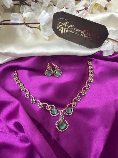 Diamond Inspired Short Necklace with Mint Green Stones