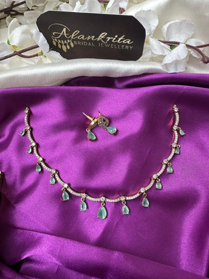 Simple Necklace with Mint Green Drops & AD Stones