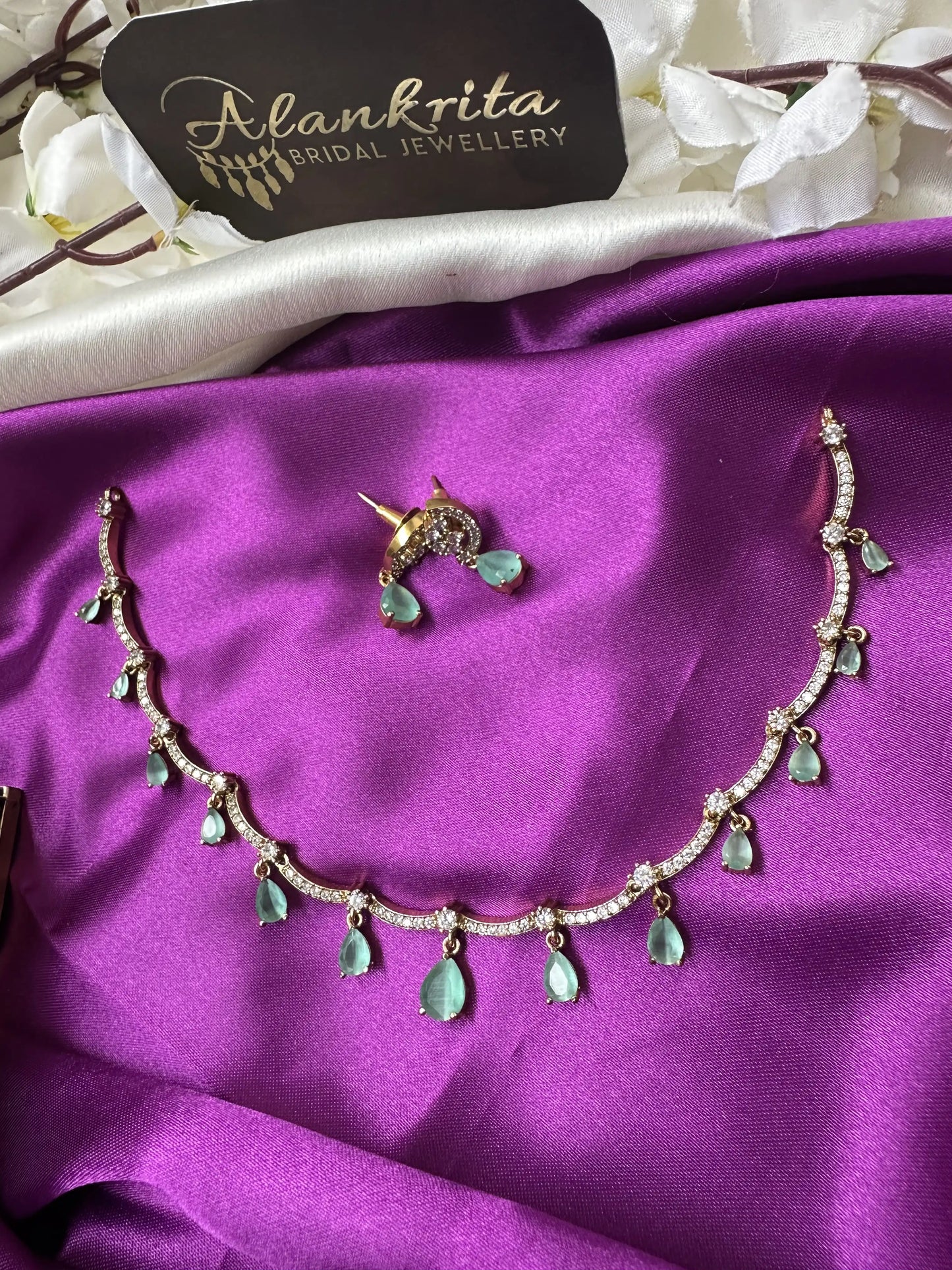 Simple Necklace with Mint Green Drops & AD Stones