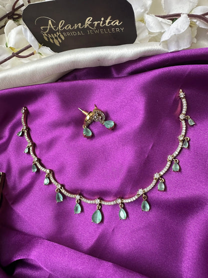 Simple Necklace with Mint Green Drops & AD Stones