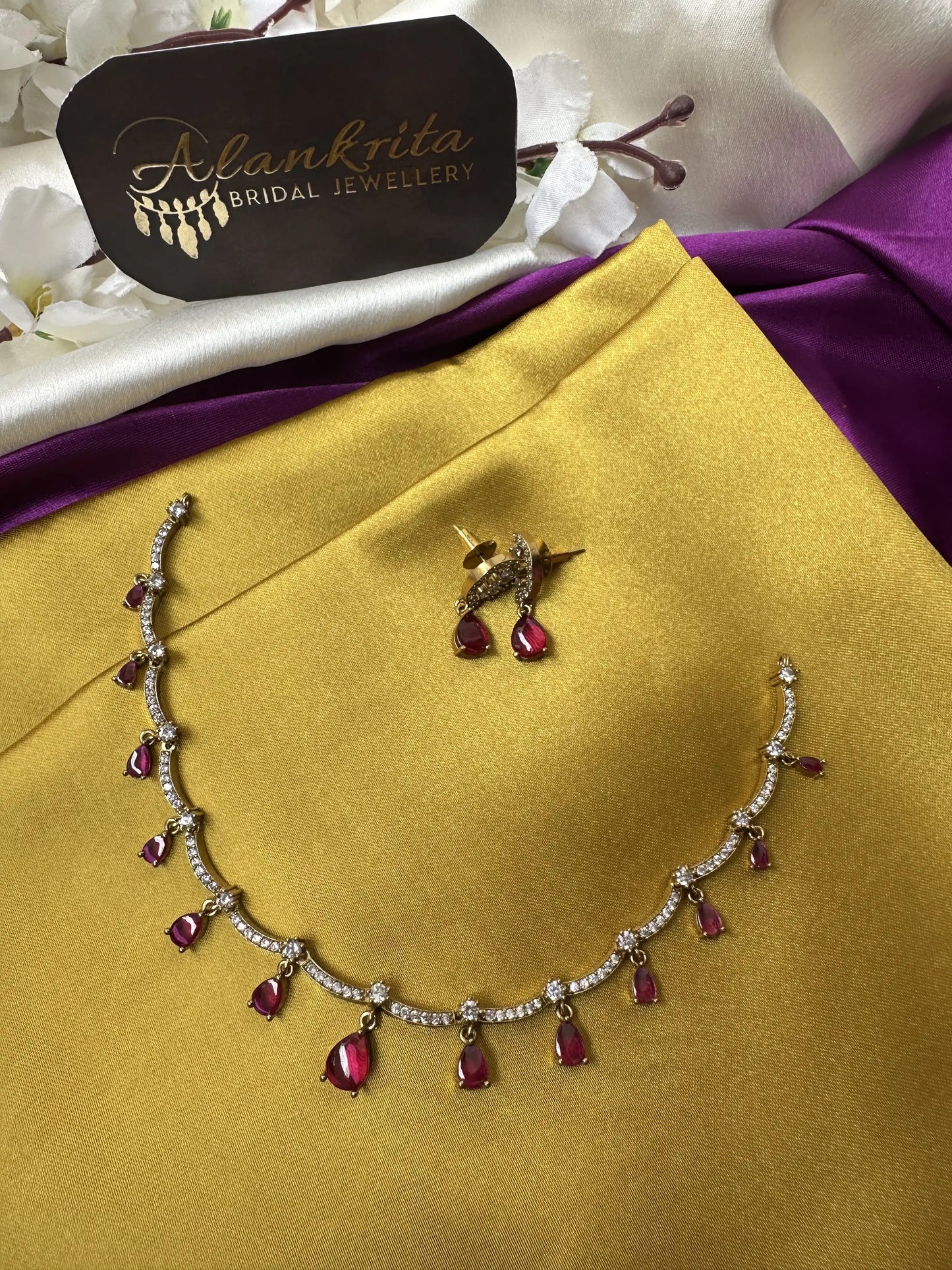 Simple Necklace with Ruby Drops & AD Stones