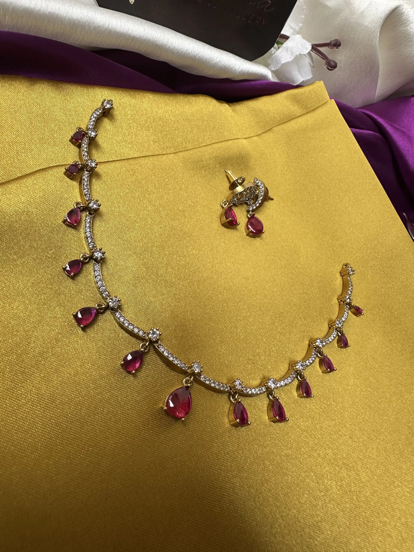 Simple Necklace with Ruby Drops & AD Stones
