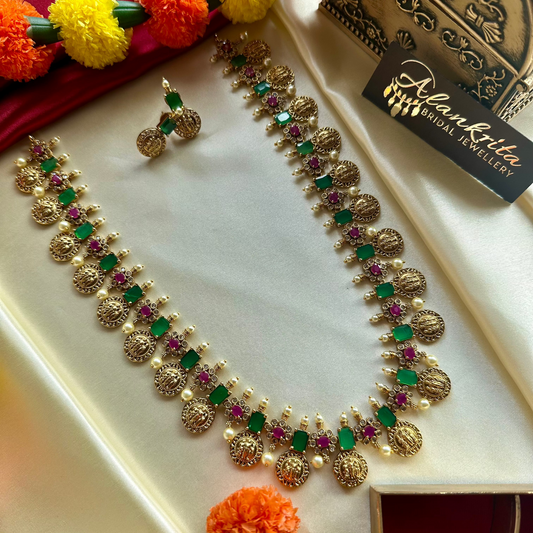 Premium Long Coin haram with Green & Ruby Stones